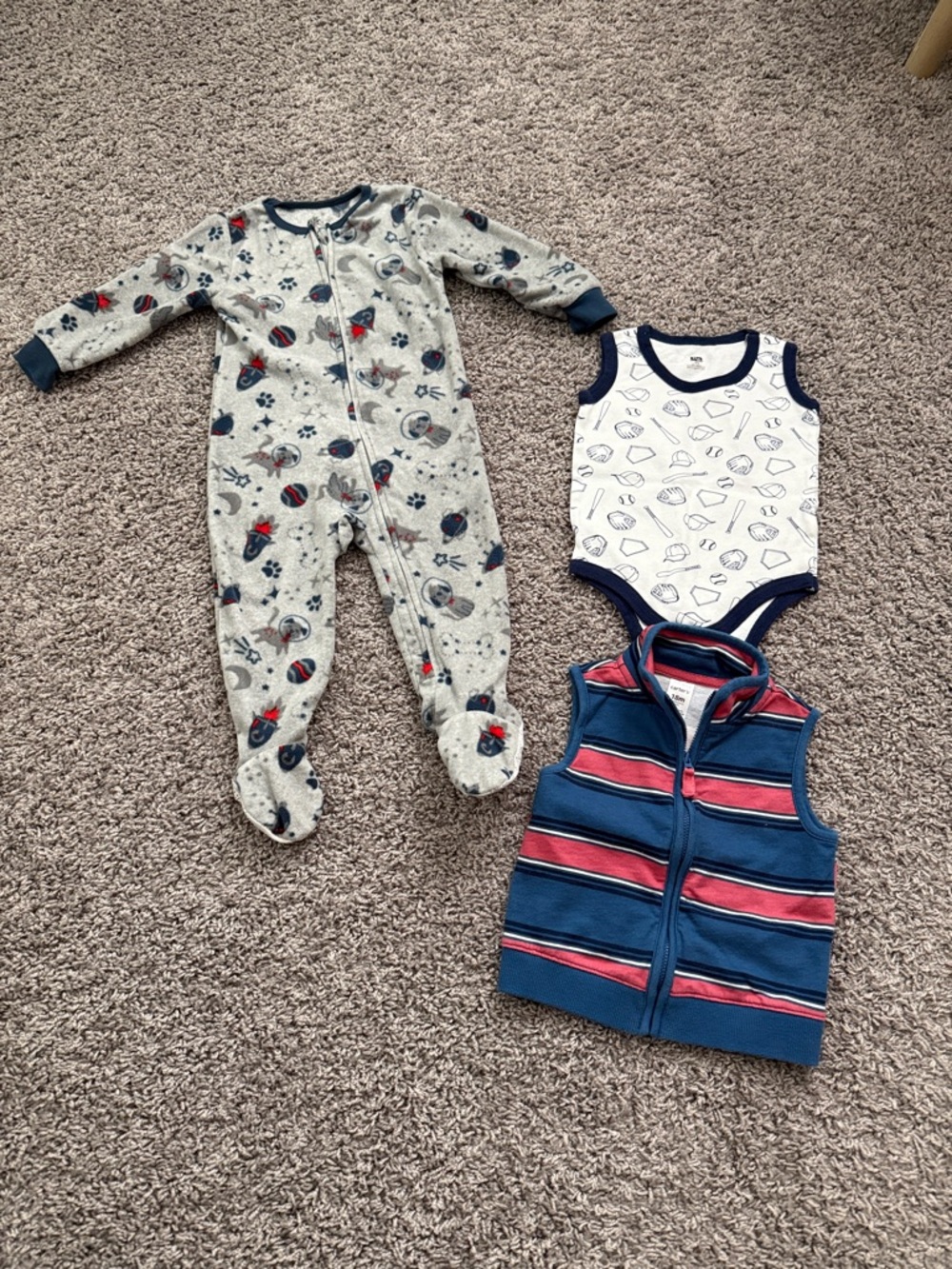 Bundle of 3 boy Pieces: A Footed One-Piece Pajamas, onesie & vest- all size 18M